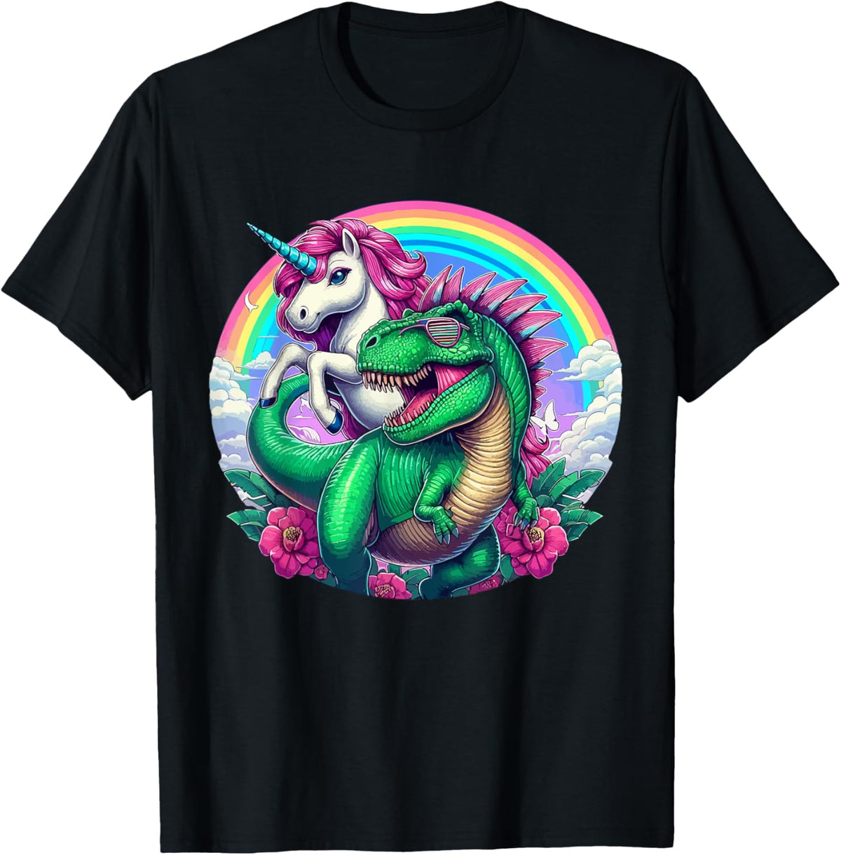 Unicorn Riding T-Rex Dinosaur with Rainbow Fantasy Lovers. T-Shirt