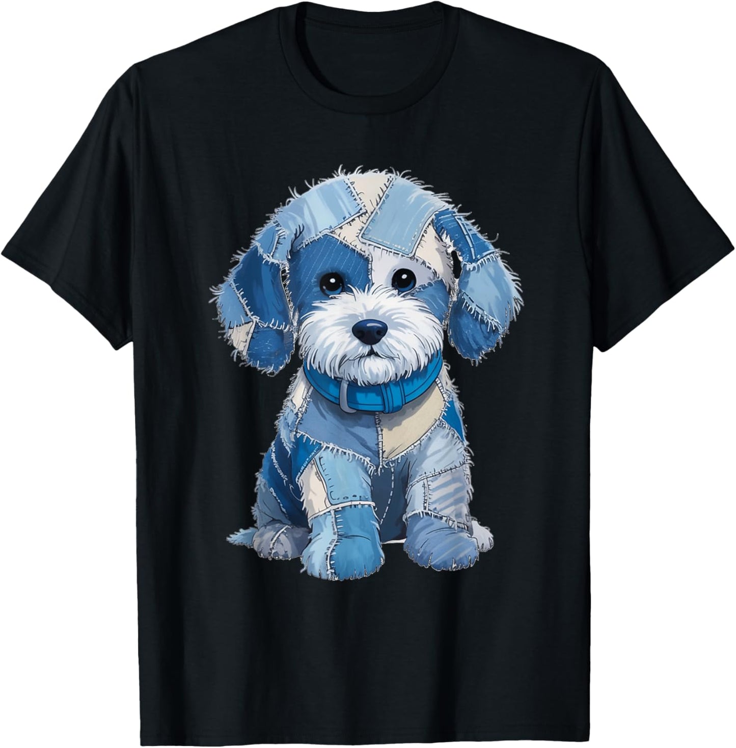 Retro Funny Denim Patch Animal Dog Print T-Shirt