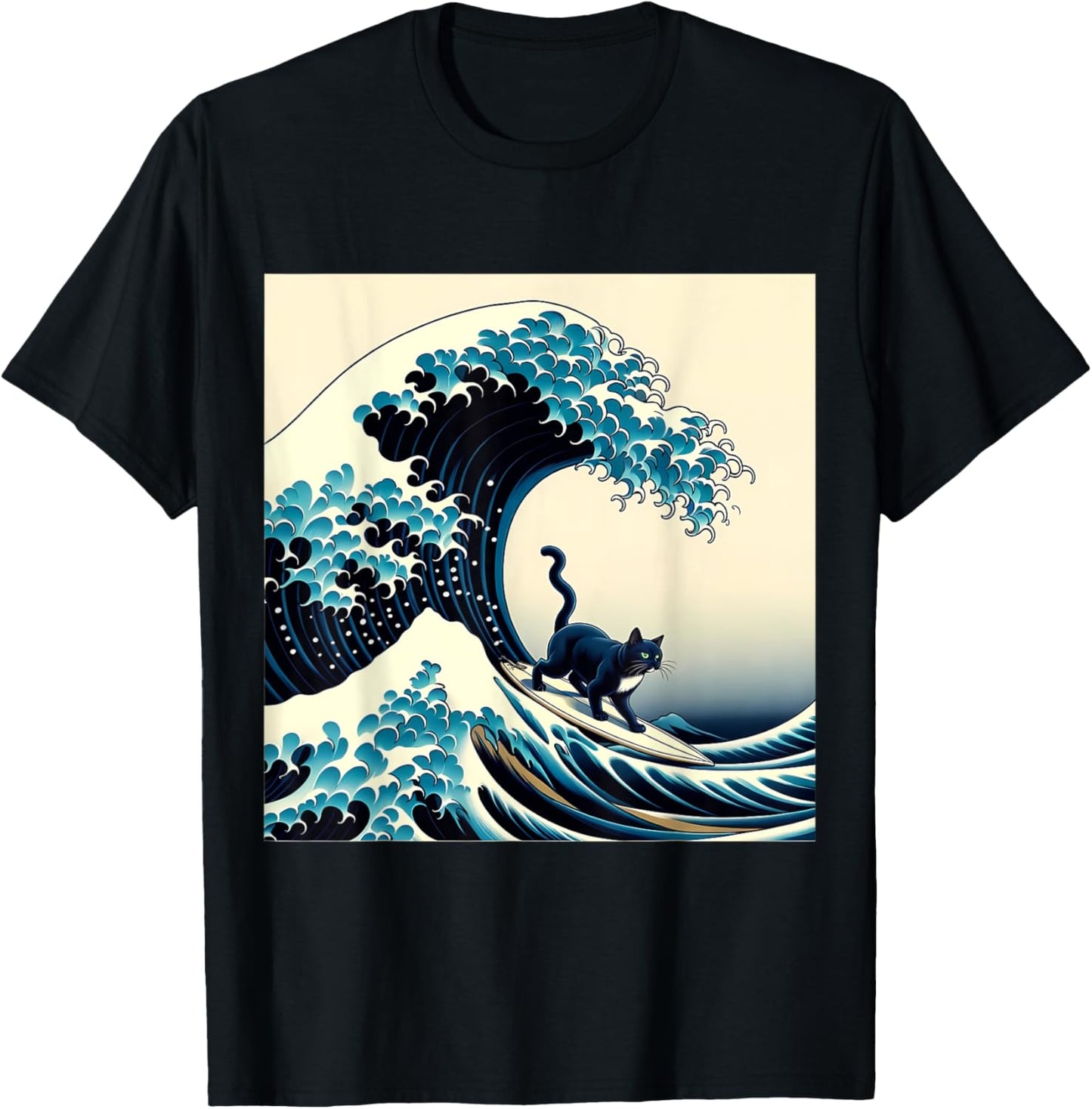 Black Cat With Surf Surfing The Great Wave T-Shirt