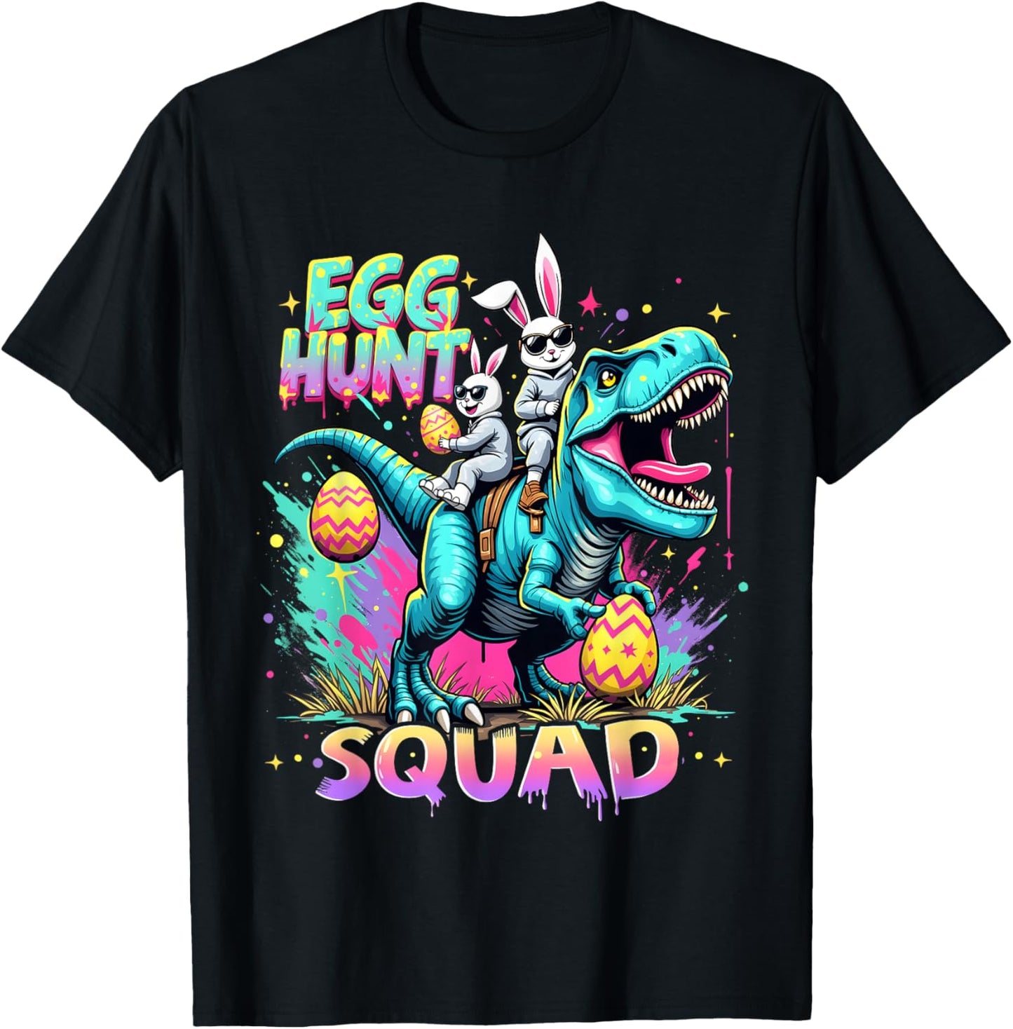 Funny Egg Hunt Squad Cool Dinosaur Bunny Easter Day Graphic T-Shirt