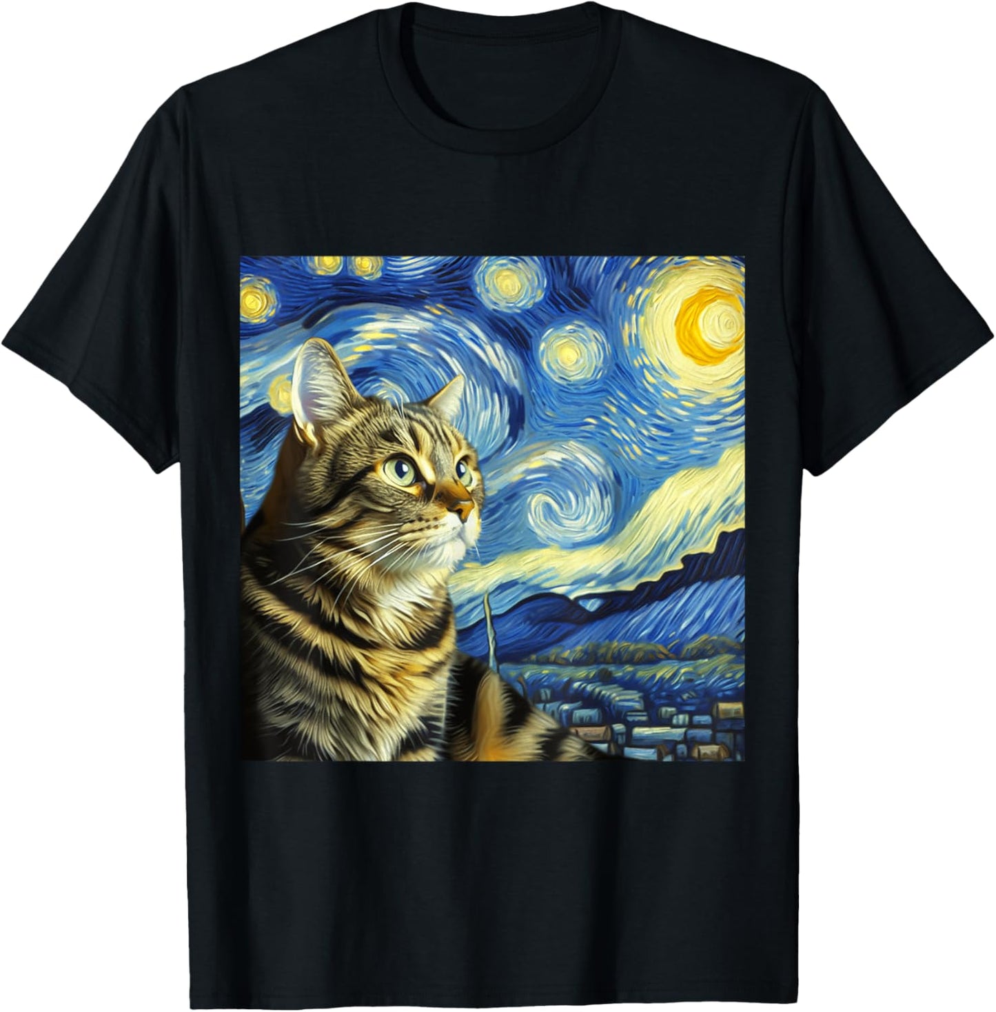Funny Cat Lover Starry Night Van Gogh Grey Tabby Tiger Cat T-Shirt