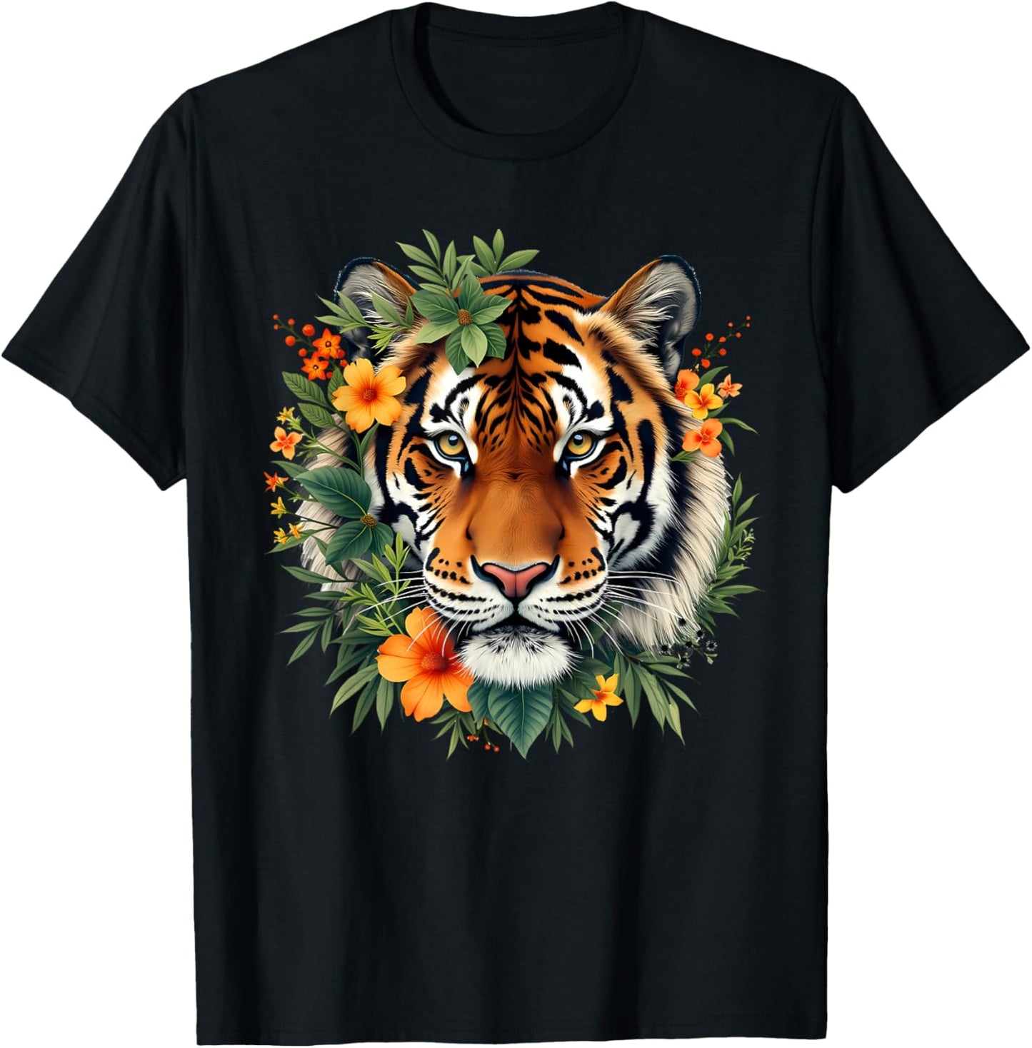 Tiger Face Flowers Animal Big Cat Cool Bengal Tiger Lover T-Shirt