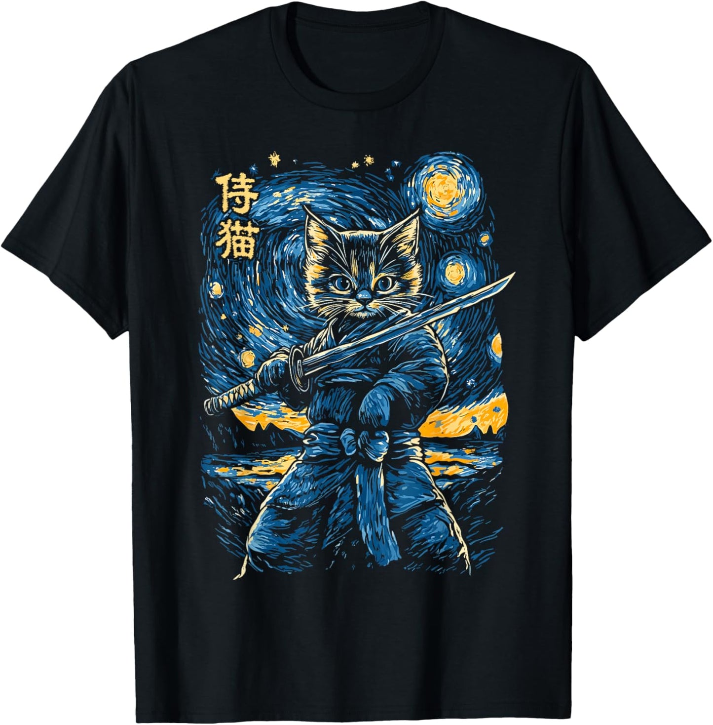 Japanese Samurai Ninja Cat in Starry Night Style T-Shirt