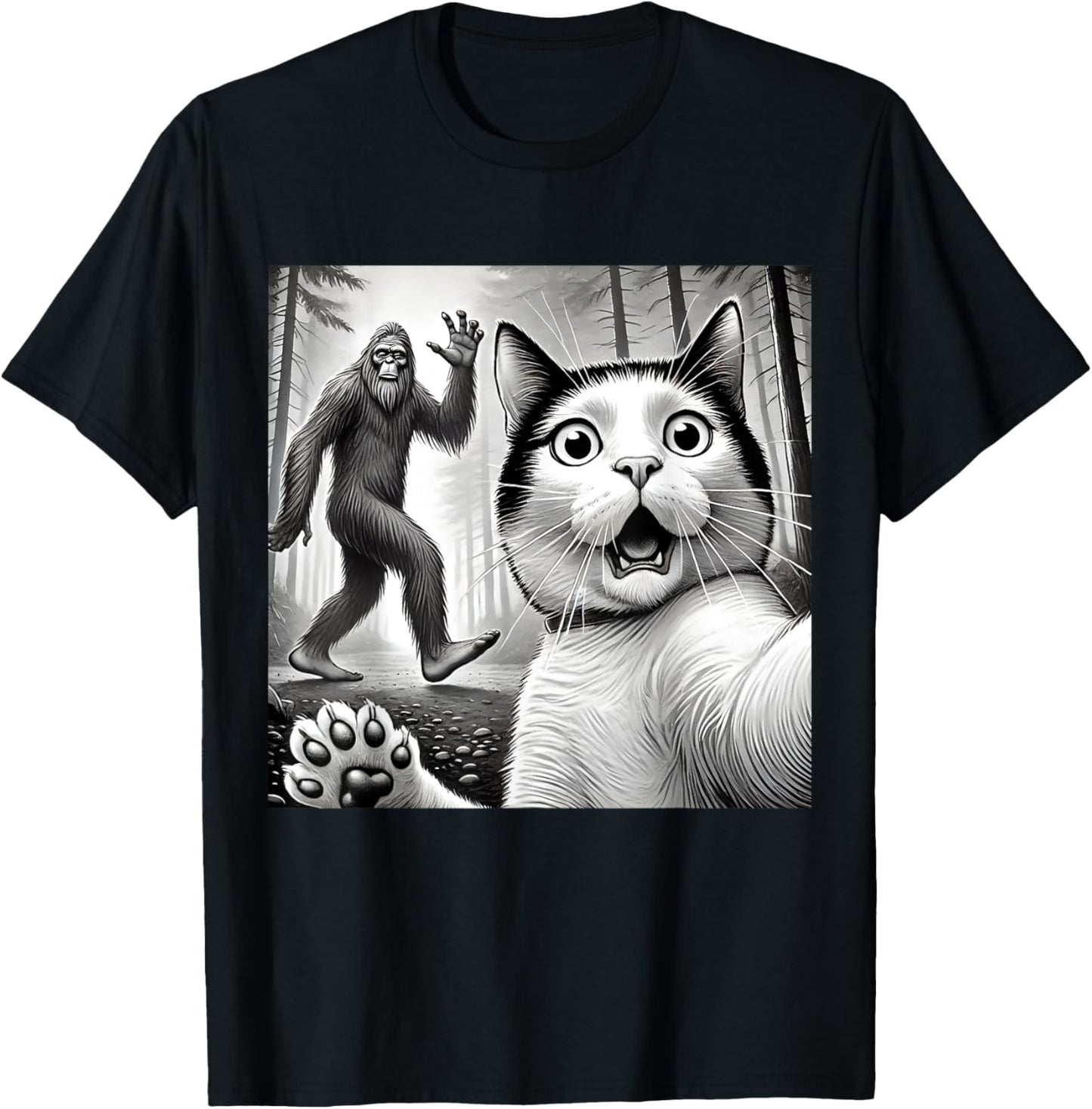 Funny Surprised Scared Cat Taking Selfie with Bigfoot T-Shirt