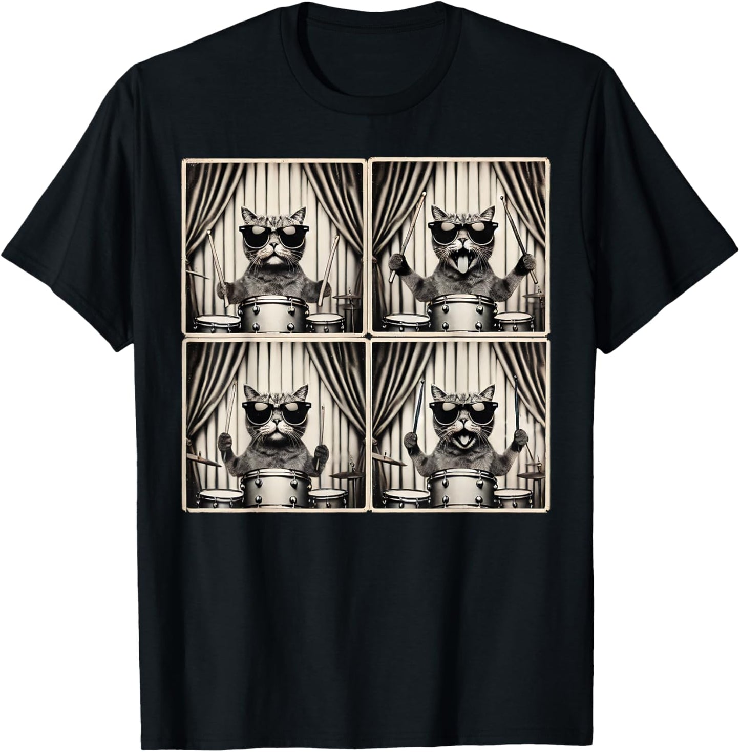 Funny Retro Drummer Kitten Cat Rock Playing Drums Photobooth T-Shirt