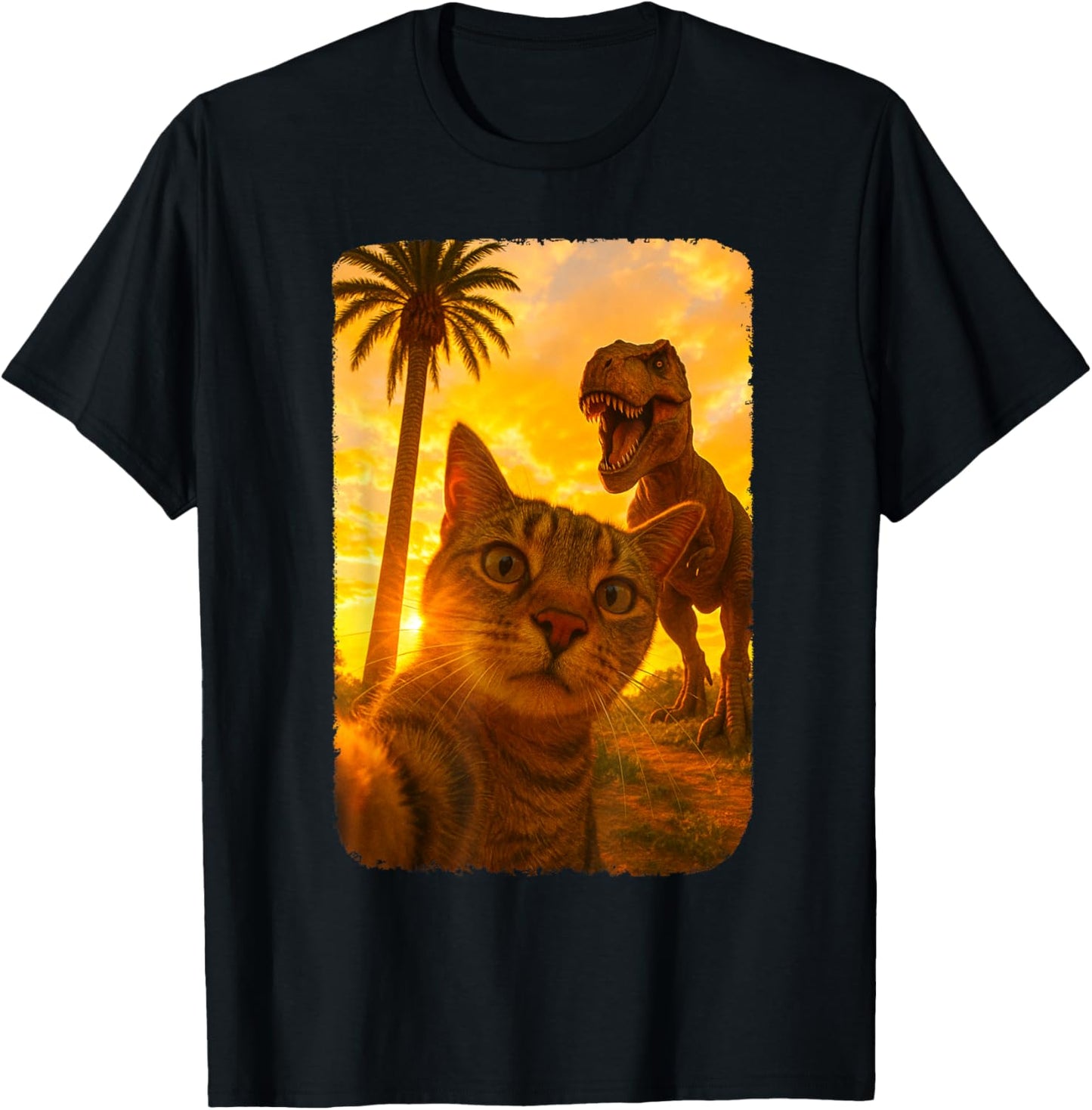 Funny Cat and T-Rex Prehistoric Selfie at Sunset T-Shirt