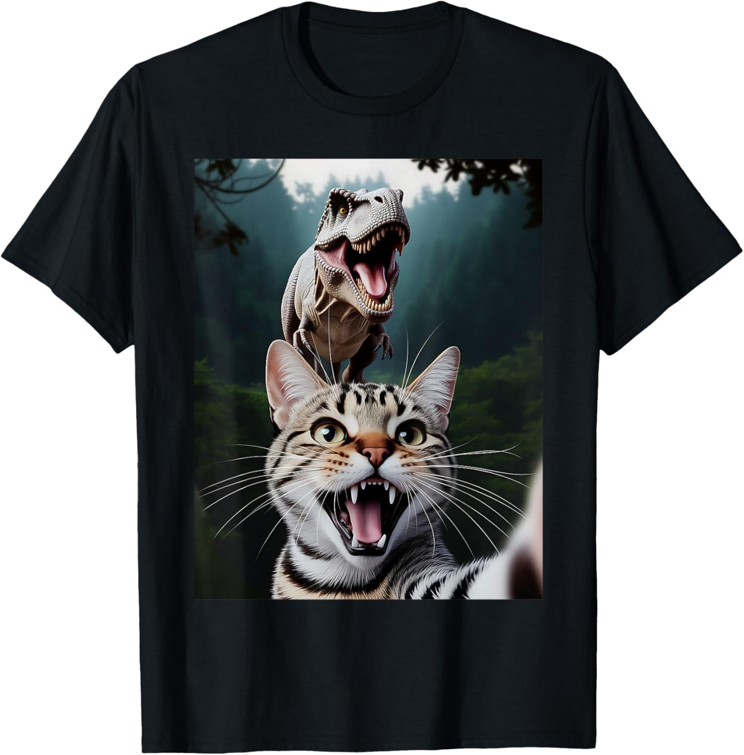 Cat Selfie with T-Rex Dinosaur Cute Cat Gifts Men Women Kids T-Shirt