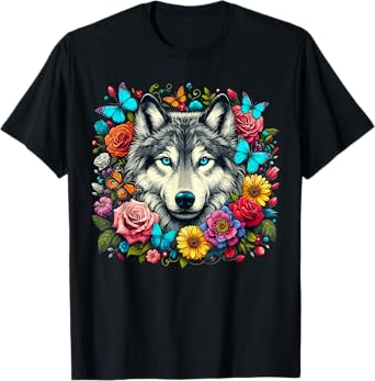 Wolf Animal With Flowers T-Shirt