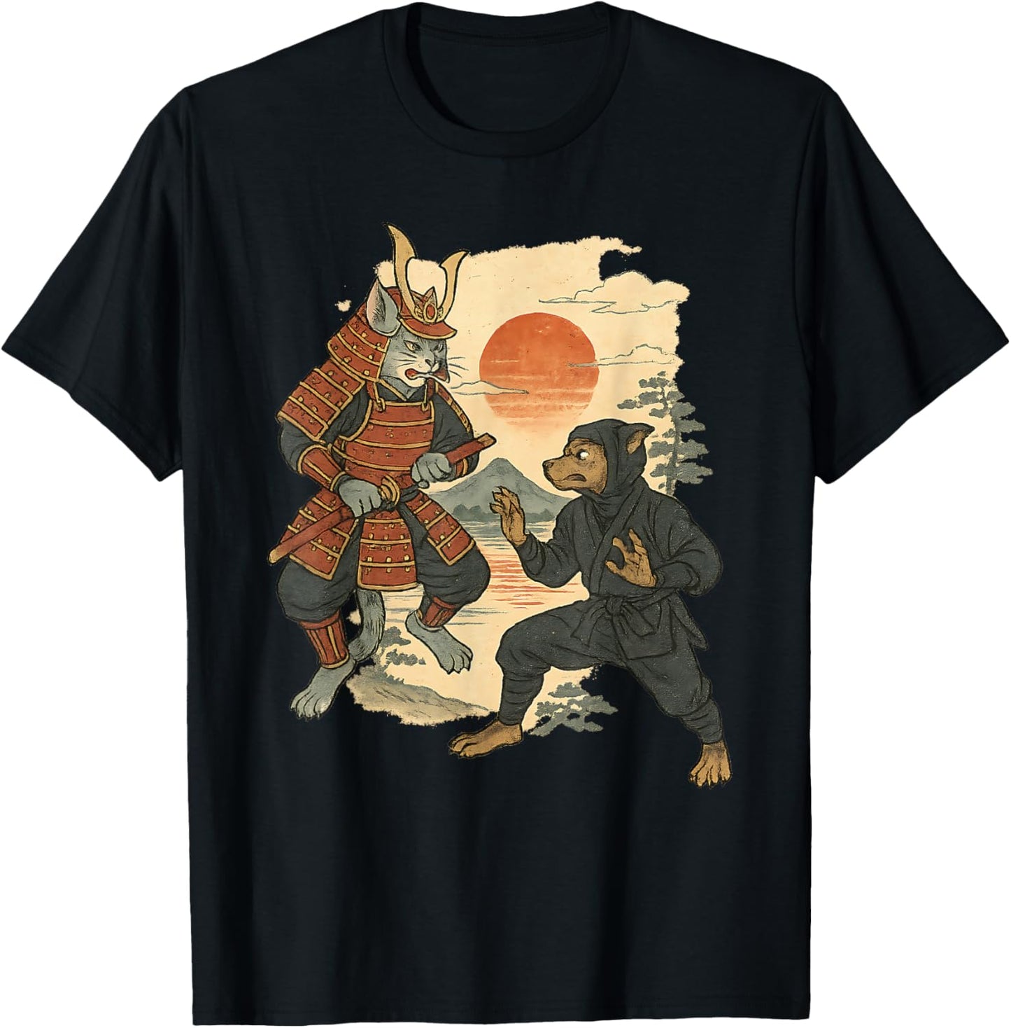 Samurai Cat vs Ninja Dog Yokai Katana Ukiyo-e Art Japanese T-Shirt