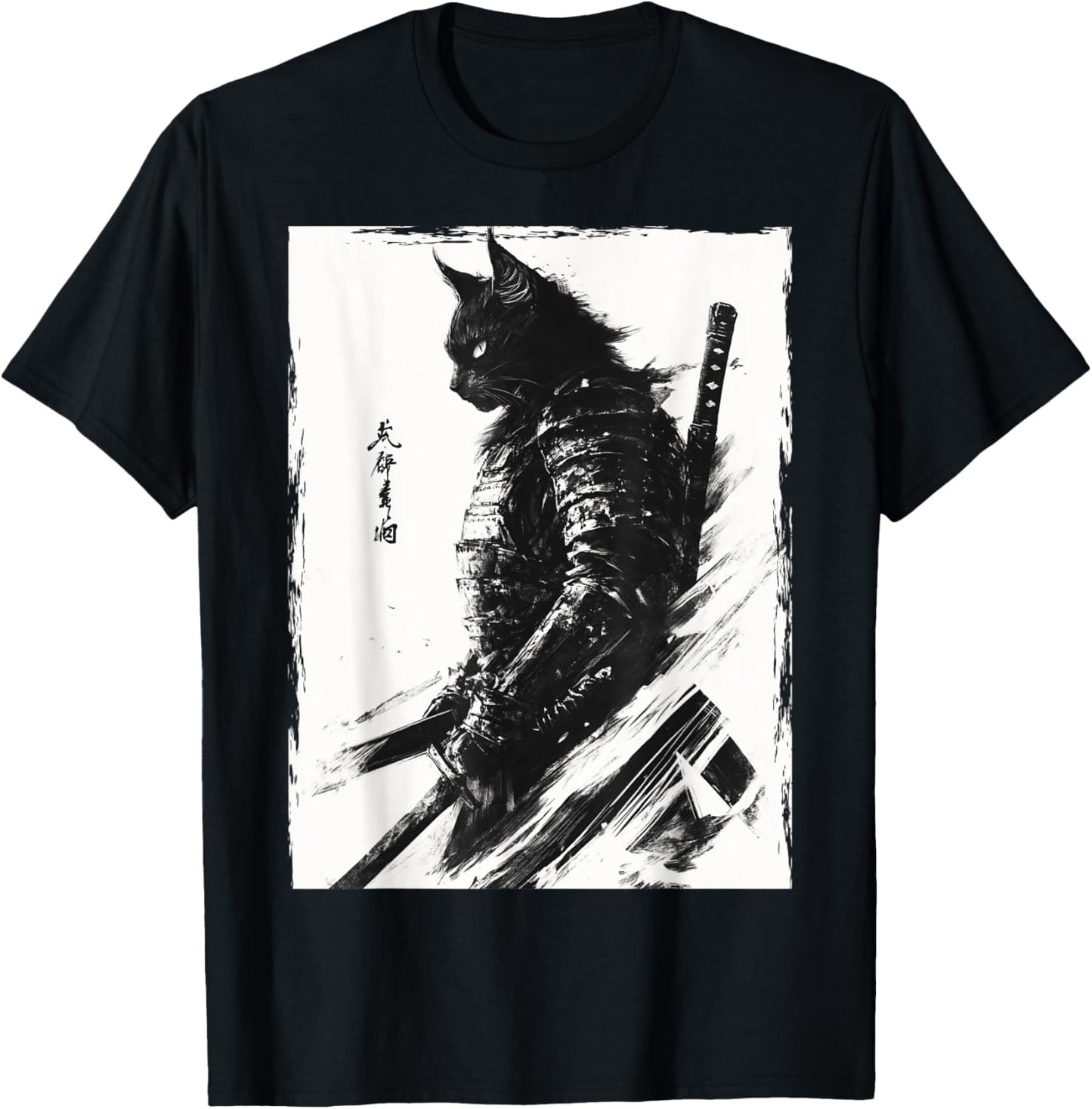 Samurai Warrior Cat Graphic Tee Vintage Japanese Art Anime T-Shirt
