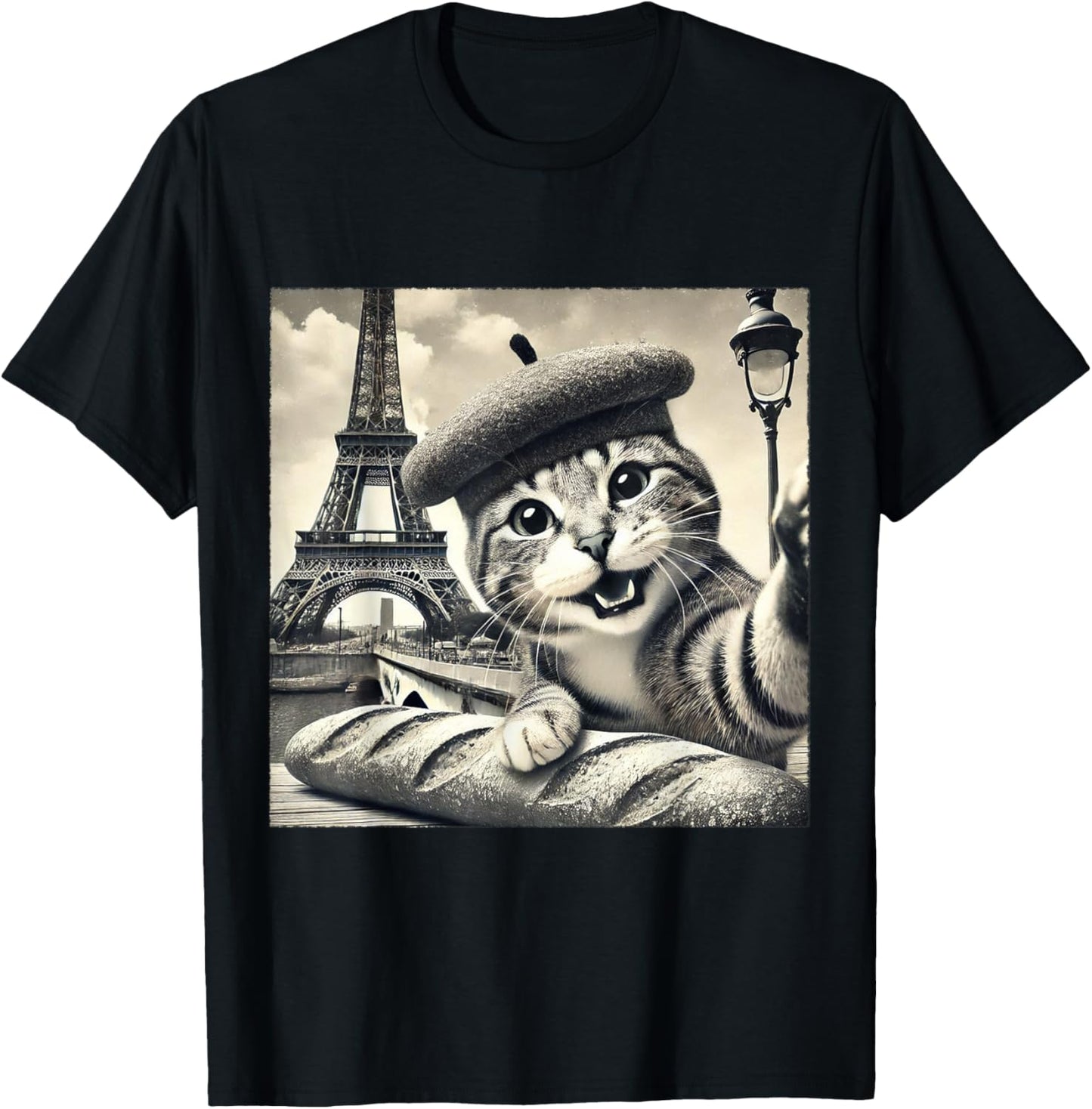 Paris Cat in Beret with Baguette Funny Eiffel Tower T-Shirt