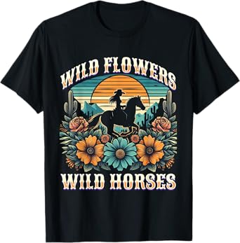 Sunset Cowgirl Riding Horse Wild Flowers - Wild Horses T-Shirt