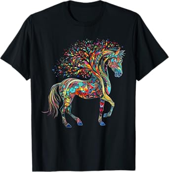 Horse Artwork Tree Colourful Animal Horse T-Shirt