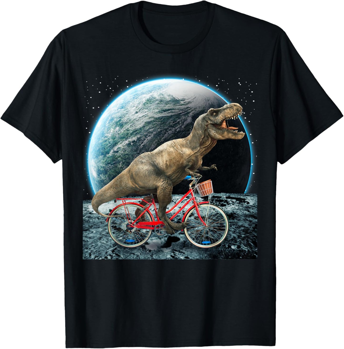Dinosaur Trex In Space Riding Bike On Moon Funny Dino Lover T-Shirt