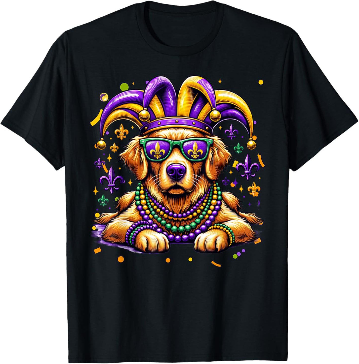 Funny Mardi Gras Bead Golden Retriever Dog Festival Carnival T-Shirt