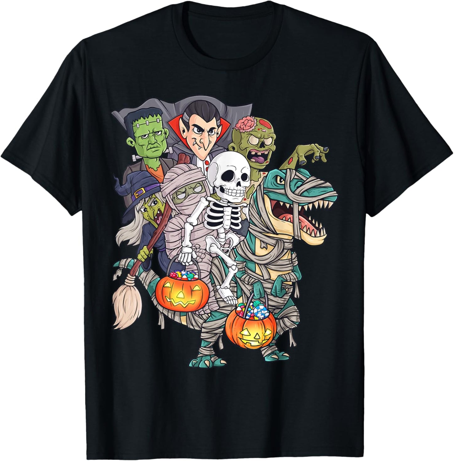 Skeleton Zombie Riding Mummy T Rex Funny Halloween Pumpkin T-Shirt
