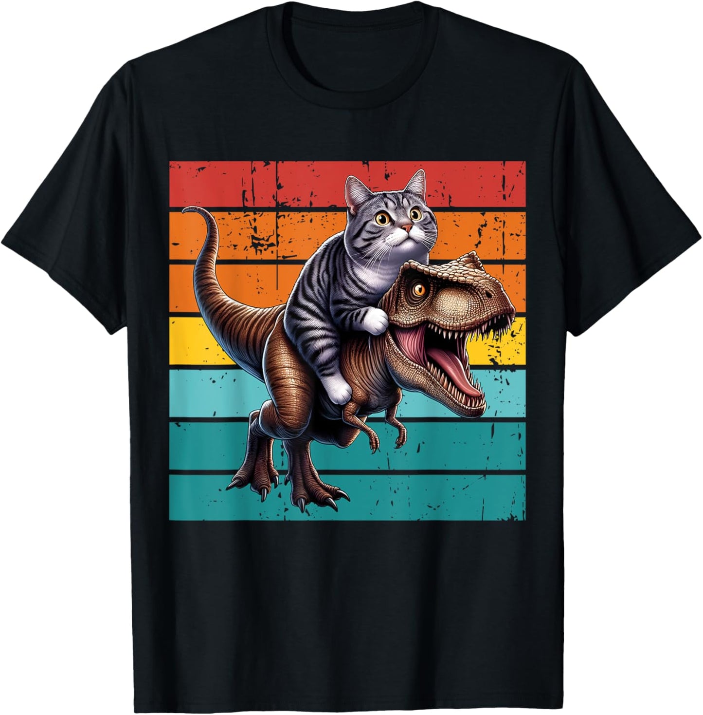 Cat Riding Dinosaur T-Rex Funny Cat T-Shirt