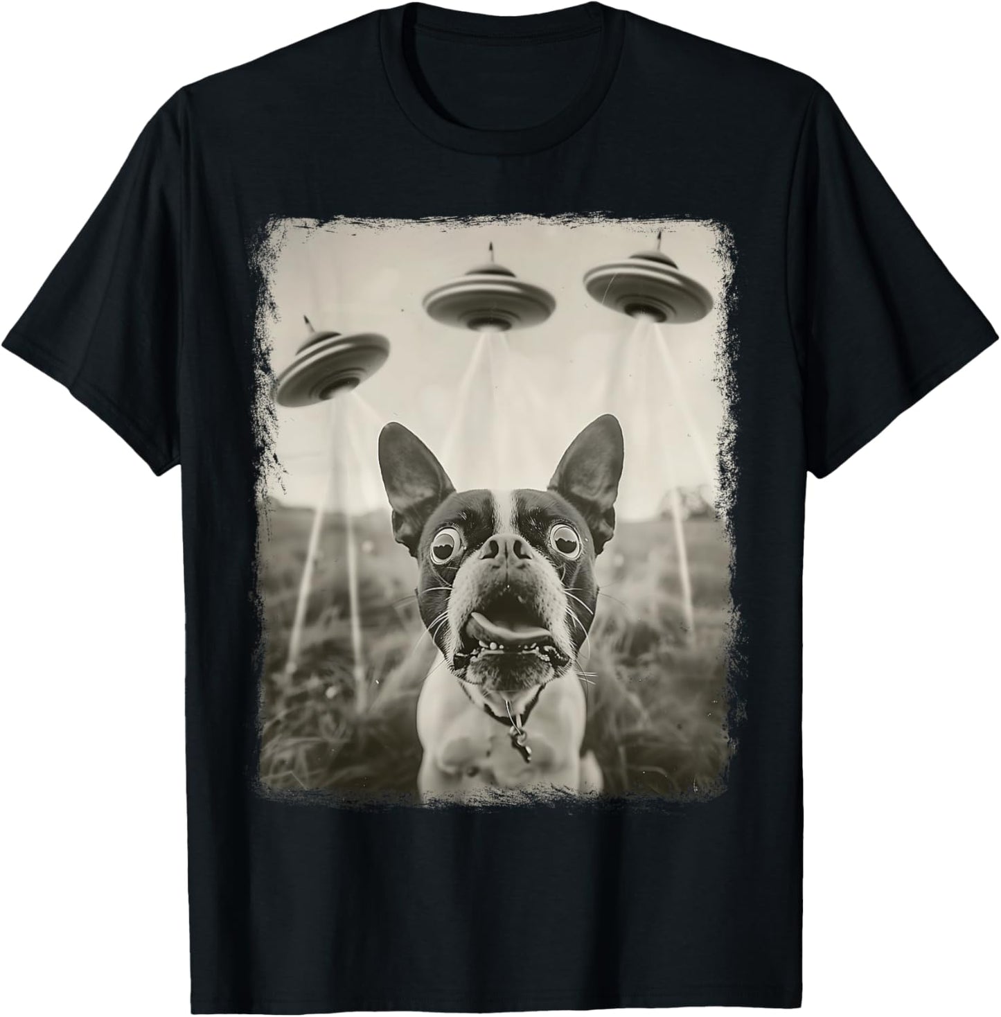 Boston Terrier Dog UFO Alien Extraterrestrial Selfie T-Shirt