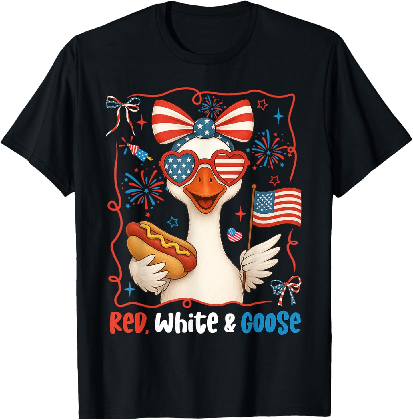 Goose Bow Hotdog American Flag 4th of July Men Women Kids T-Shirt