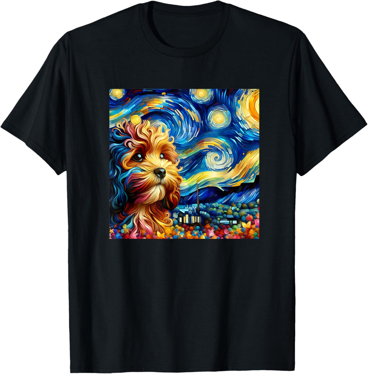 Cute Cavapoo Starry Night Painting Style Dog Art T-Shirt