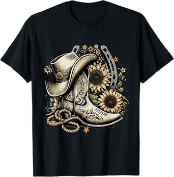 Western Cowboy Boot Horseshoe Sunflower Rope Cowgirl country T-Shirt, Small, Black