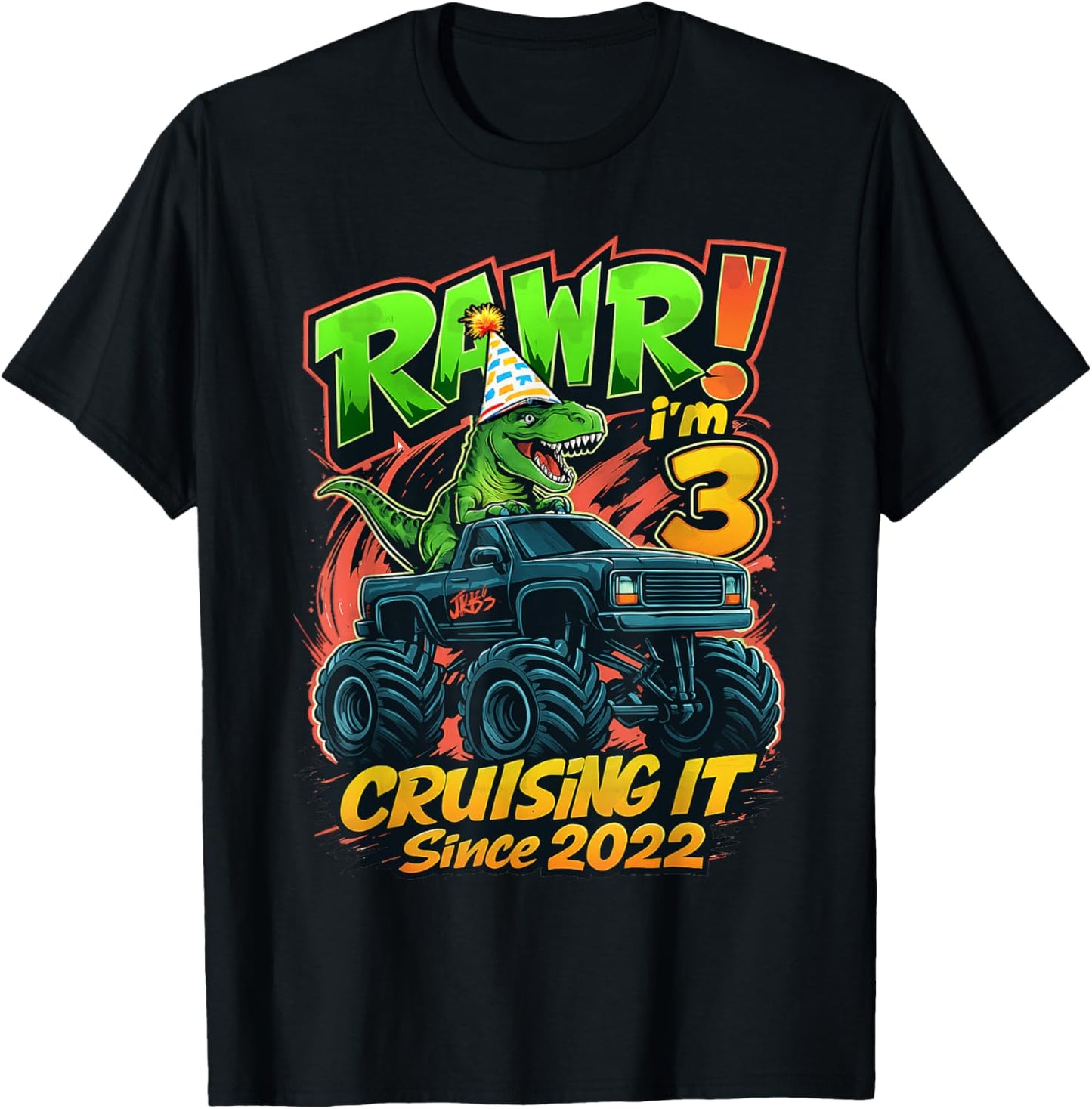 Rawr I'm 3 Dinosaur Monster Truck Birthday Tee T-Shirt
