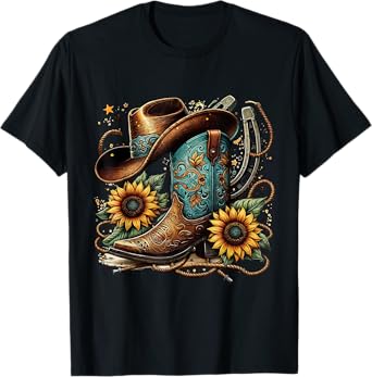 Western Cowboy Boot Horseshoe Sunflower Rope Cowgirl Boot T-Shirt, Small, Black