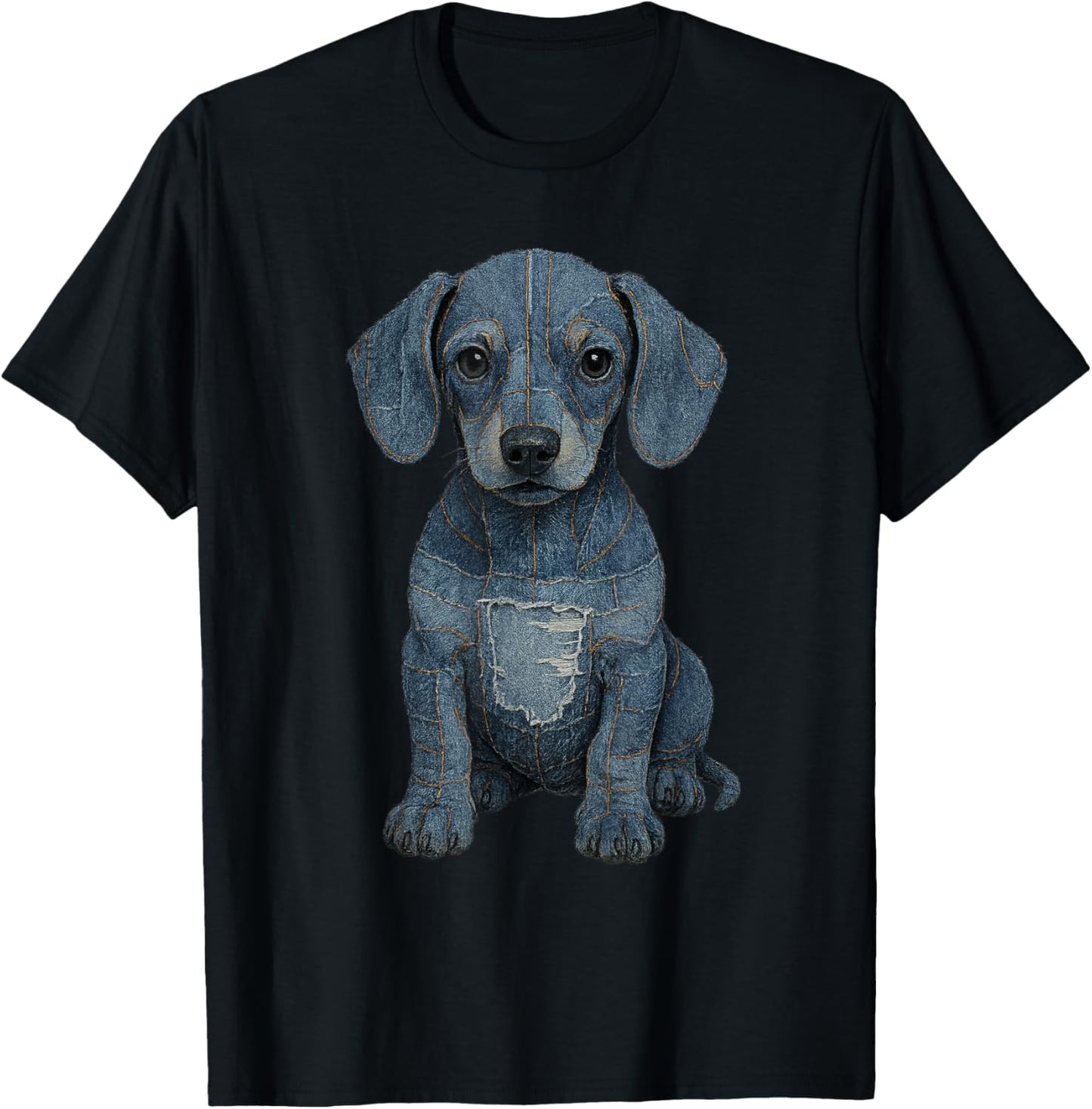 Retro Funny Denim Patch Animal Dog Print Dachshund T-Shirt