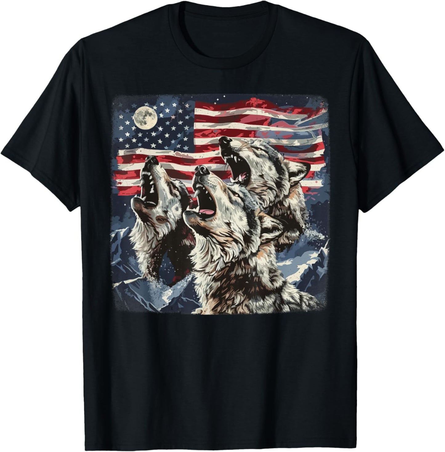 Howling Wolves Under The Moon Wolf 4th of July American Flag T-Shirt