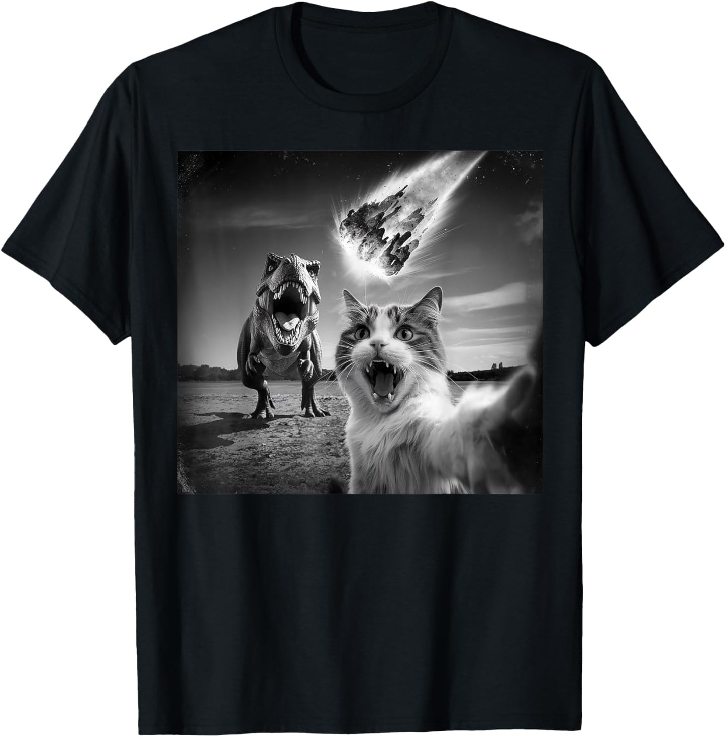 Cat Selfie With T-rex Dinosaur and Meteorite Asteroid Meme T-Shirt