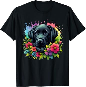 Cute Labrador Retriever Lover Black Lab in Colorful flowers T-Shirt
