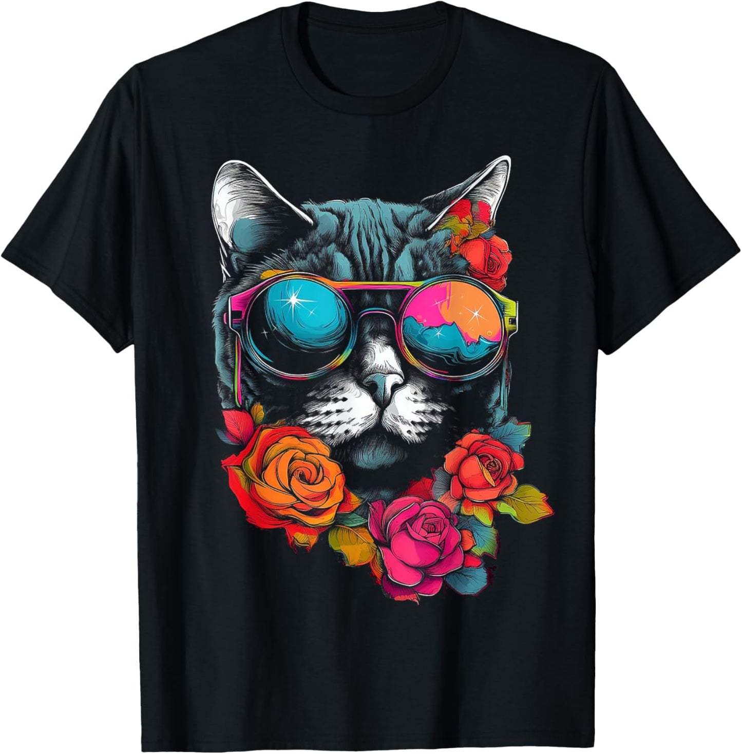 Cat Lover Artwork | Sunglasses Flower Animal Motif Cat T-Shirt