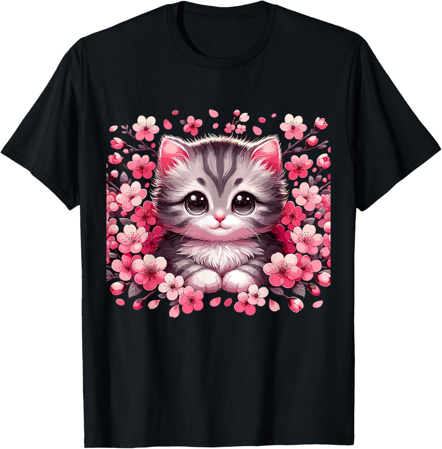 Cherry Blossom Cat Kitten T-Shirt, Small, Black