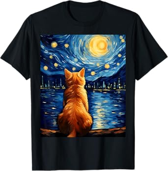 Vincent Van Gogh Starry Night Cat Funny Orange Cat Lover T-Shirt for Men Women Girls Kids