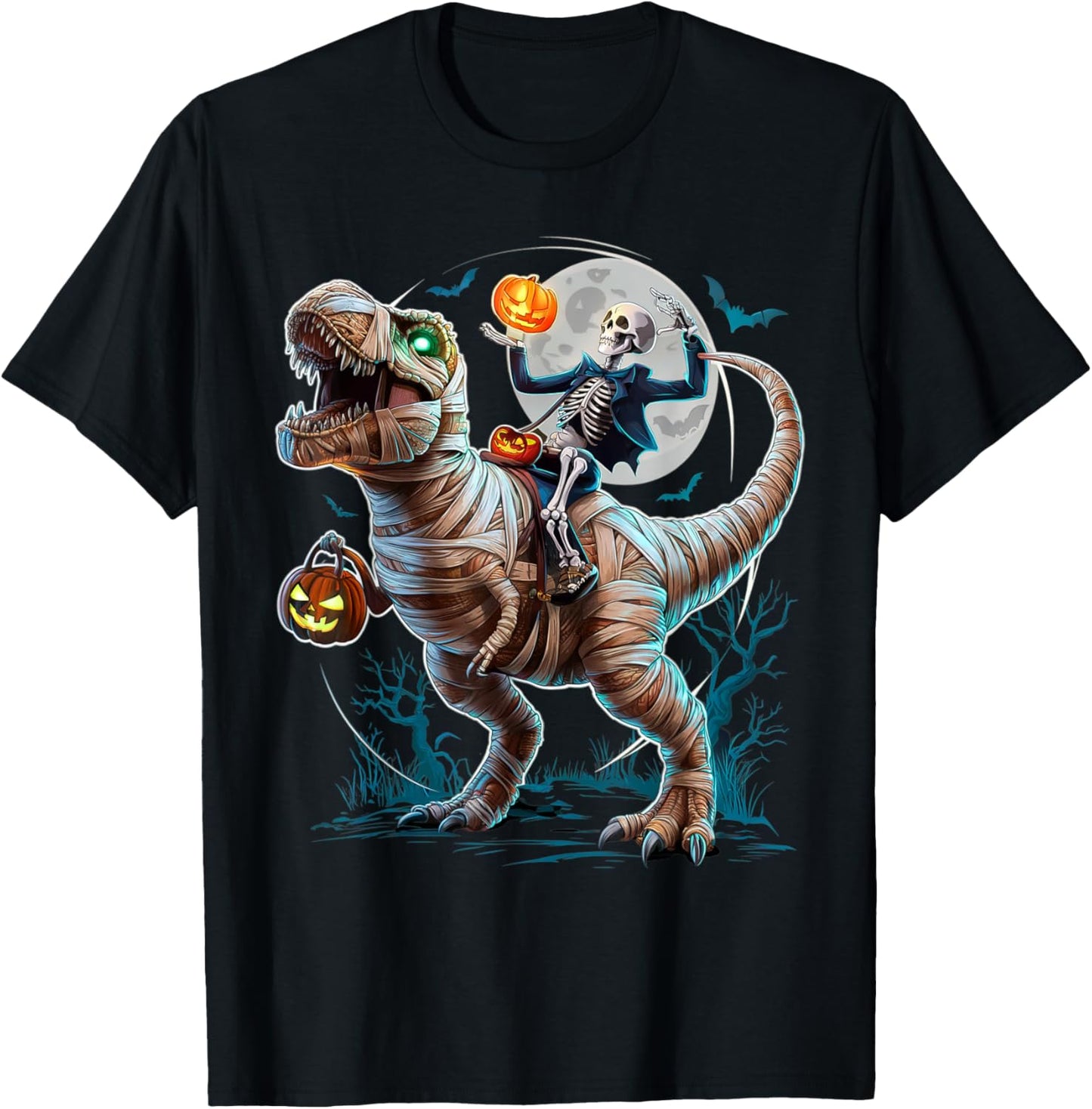 Skeleton Riding Mummy Pumpkin T Rex Dinosaur Funny Halloween T-Shirt
