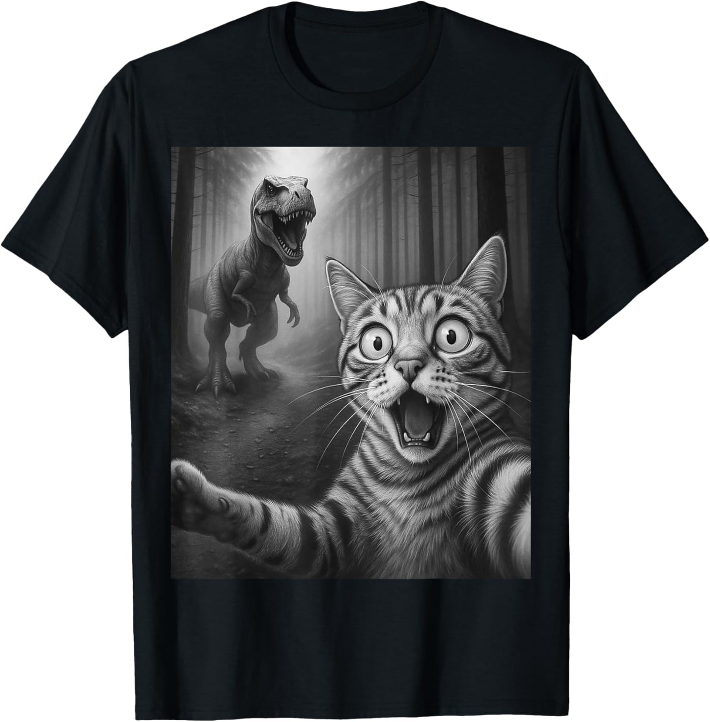 Funny Cat Dinosaur Selfie in Forest – Cute T-Rex Escape Tee T-Shirt