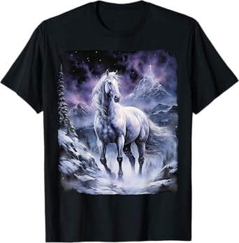 Beautiful white Horse standing in a snowy hill by night T-Shirt