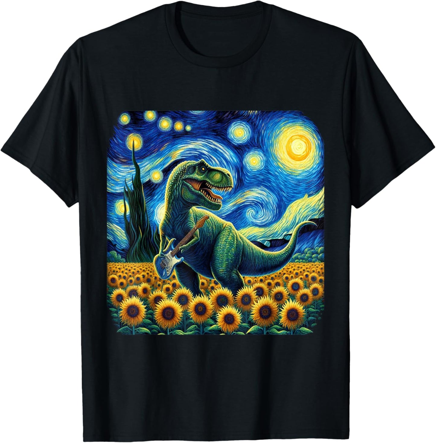 Dinosaur Starry Night Van Gogh Rock T Rex Playing Guitar T-Shirt