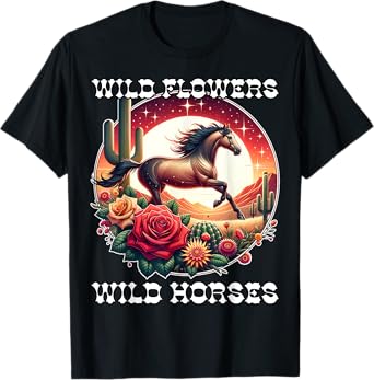 Wild Flowers and Wild Horses Vintage Sunset Country Cowgirl T-Shirt