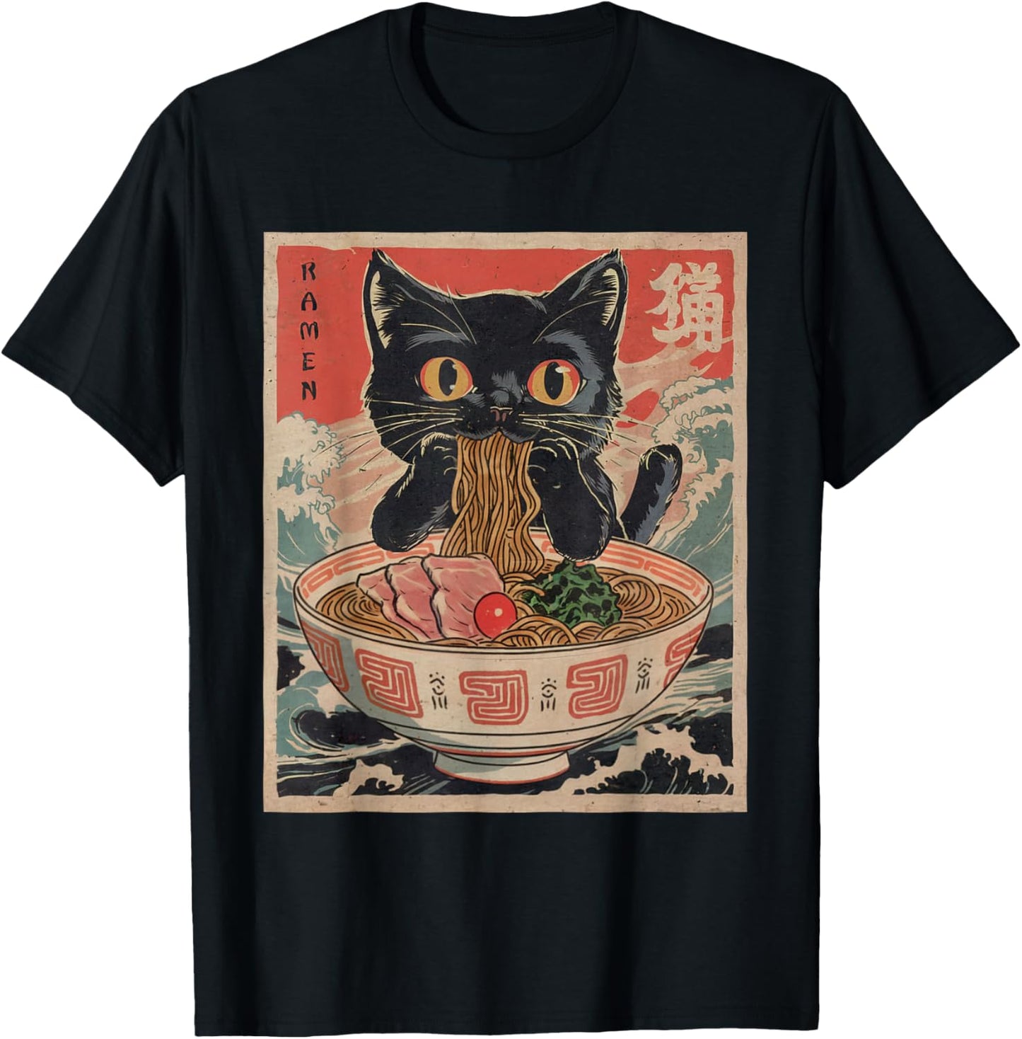 Anime Cat Ramen Japanese Funny Graphic Tees Kawaii Cat Anime T-Shirt
