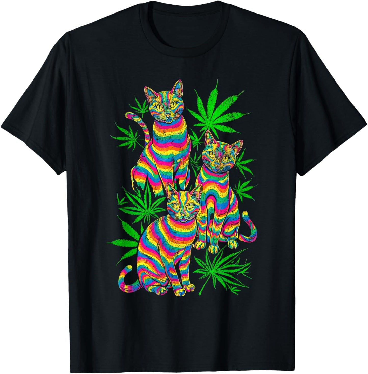 Psychedelic Cats Trippy Marijuana Pot Leaf Weed Cannabis 420 T-Shirt
