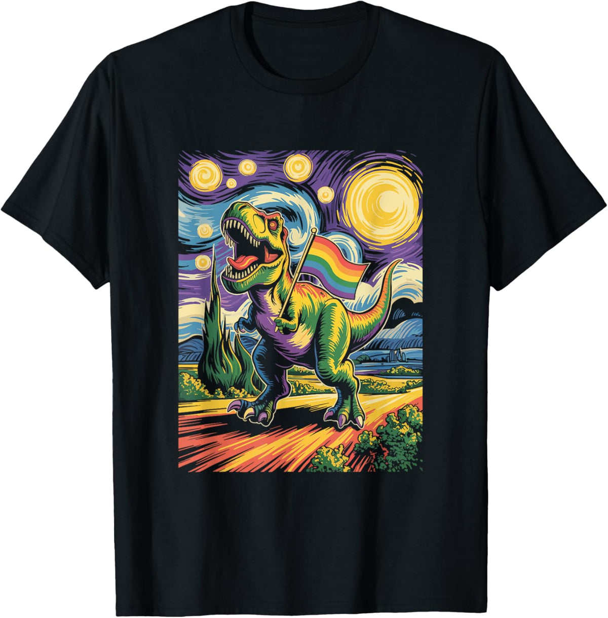 Van Gogh Starry Night Lgbtq Gay Pride Support T-Rex Dinosaur T-Shirt