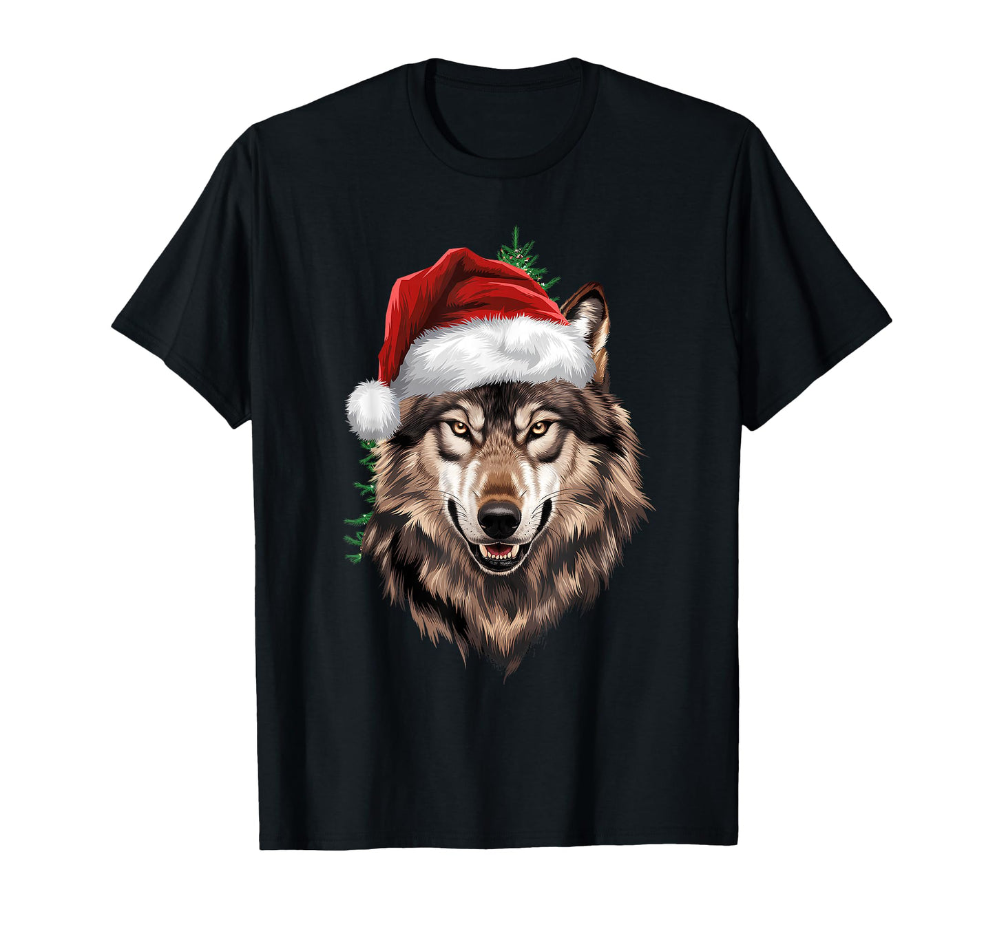 Wolf Christmas Funny Xmas tree Wearing Santa Hat T-Shirt