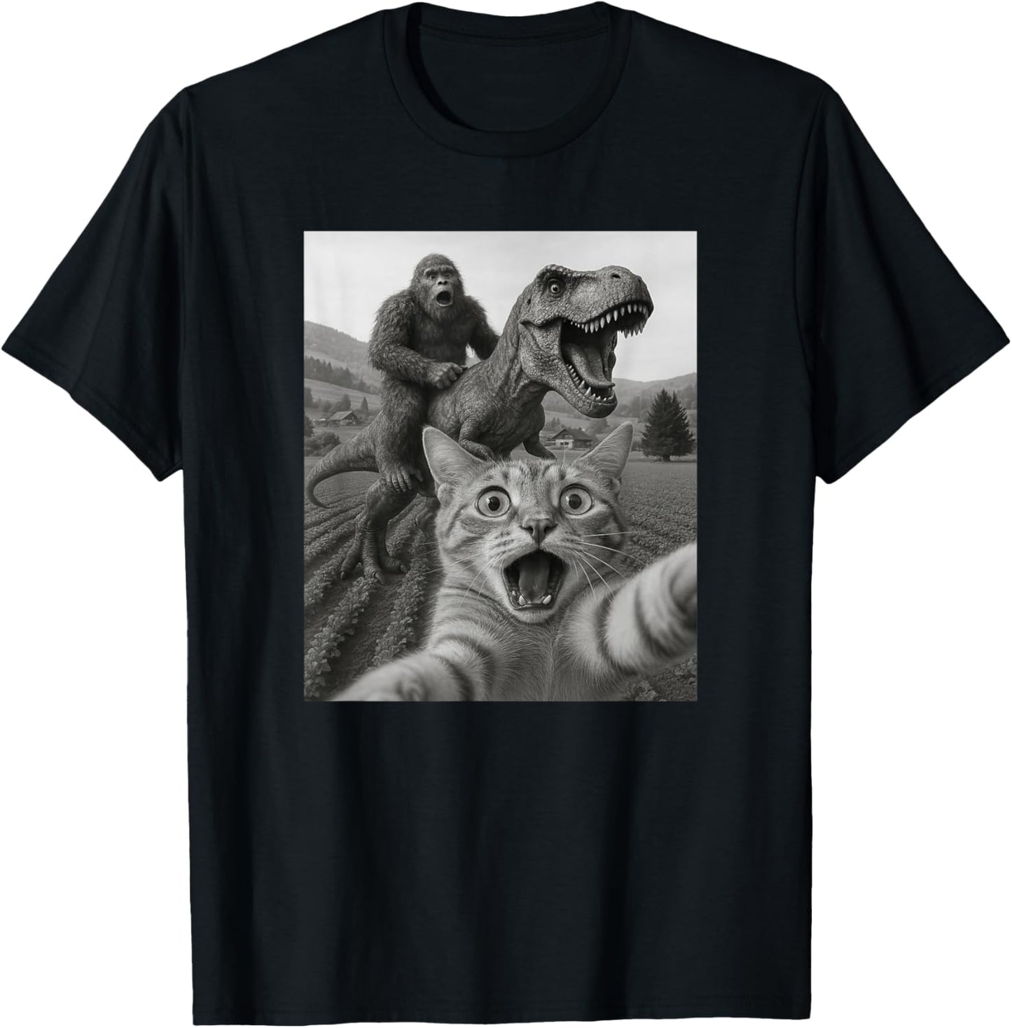 Funny Graphic Cat Selfie With Bigfoot Riding T-rex Dinosaur T-Shirt for Men Women Kids