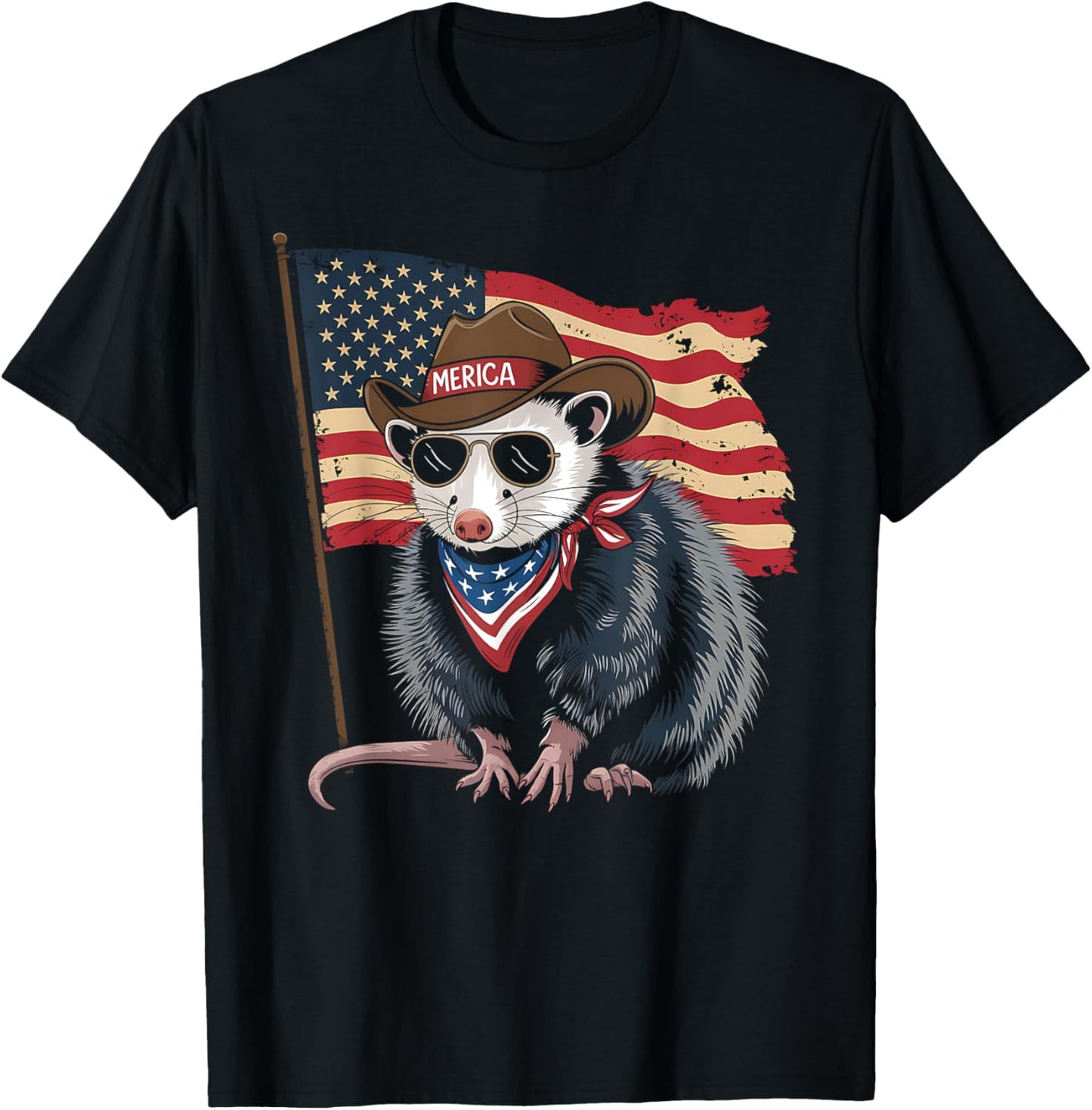 4th Of July USA Flag Funny Cowboy Opossum Men Women Kids T-Shirt