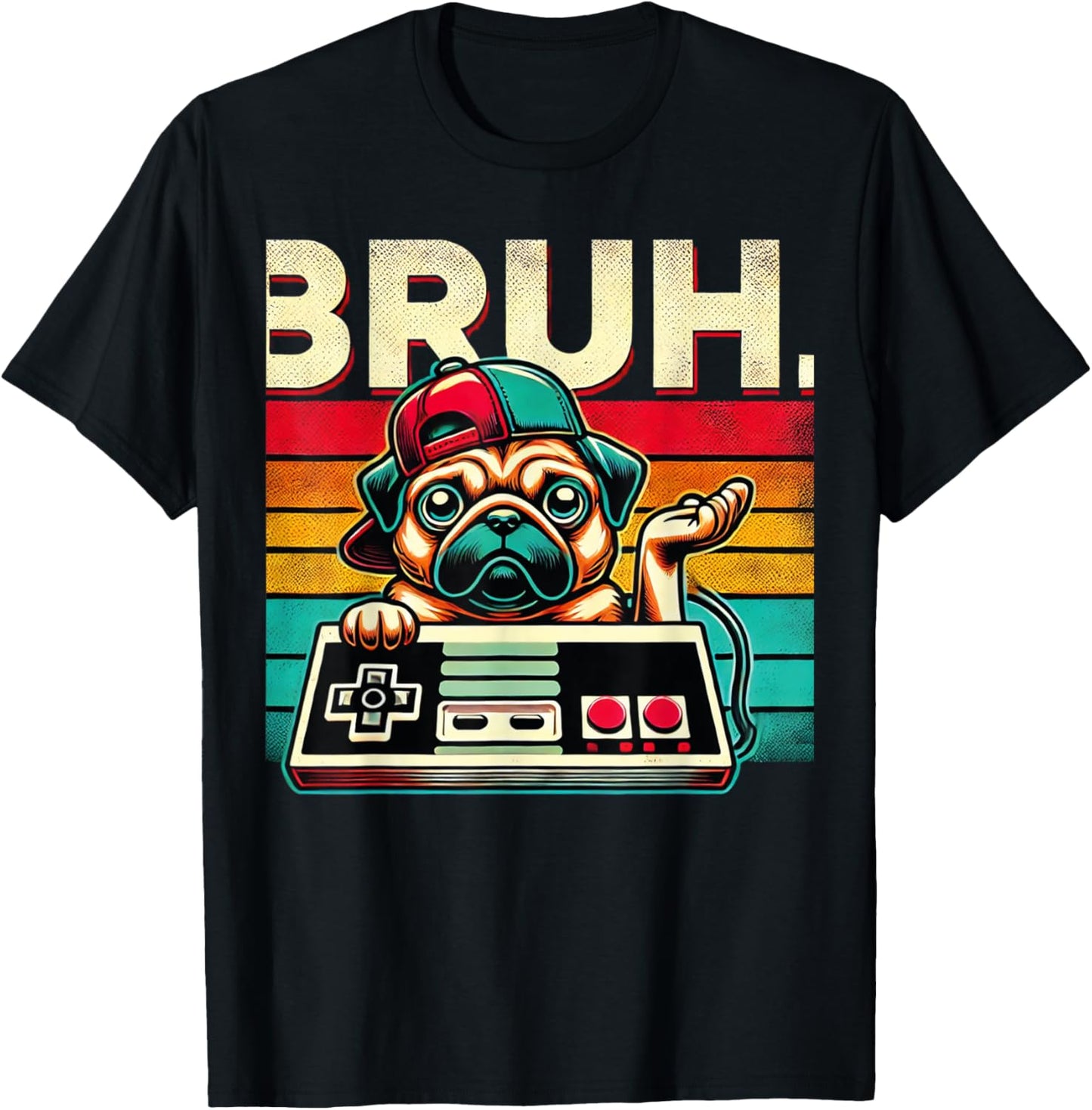 Bruh Retro Vintage 80s Gaming Pug BRUH Funny Gamer Bruh Dog T-Shirt