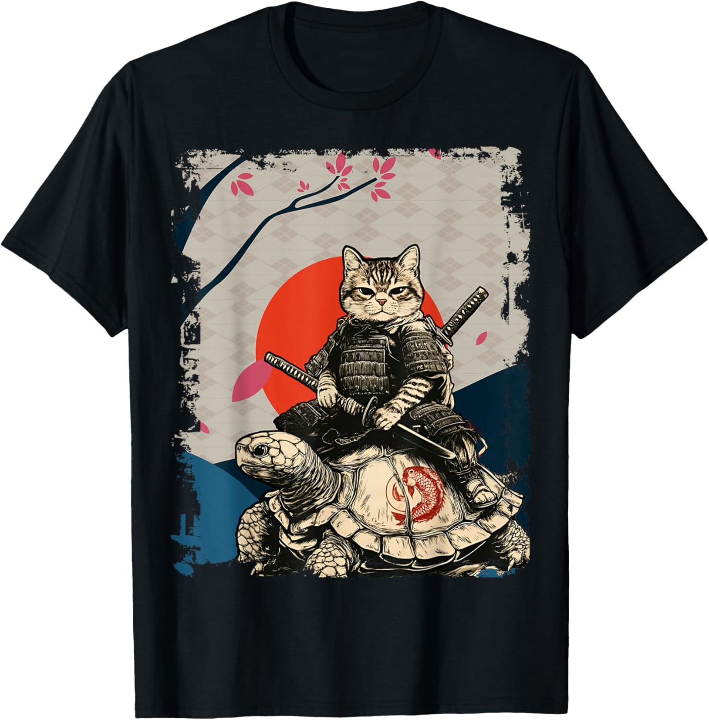 Japanese Ninja Art and Japan Samurai Cat on Turtle T-Shirt