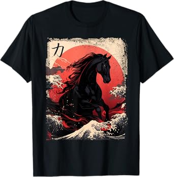 Vintage Japanese Black horse The Great Wave off Kanagawa T-Shirt
