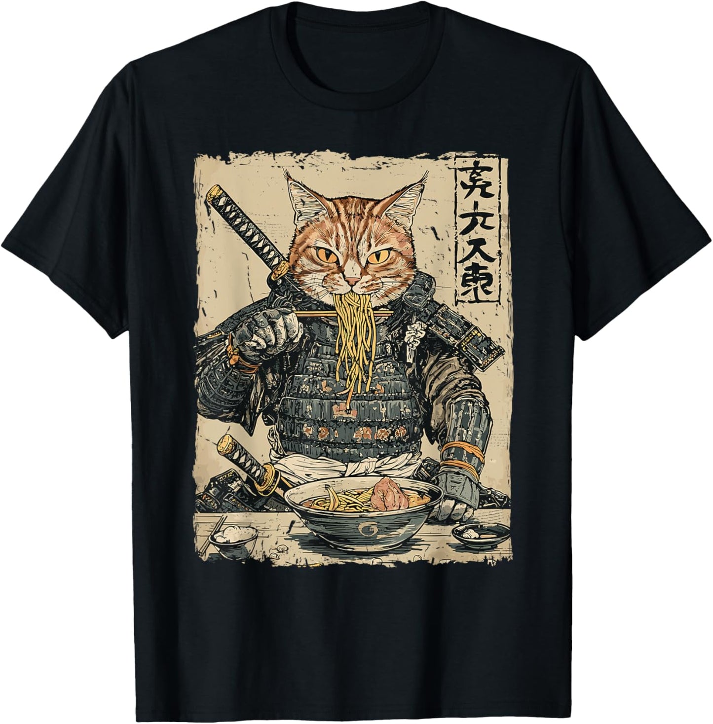 Samurai Cat Loves Ramen Funny Anime Japanese Artwork Samurai T-Shirt