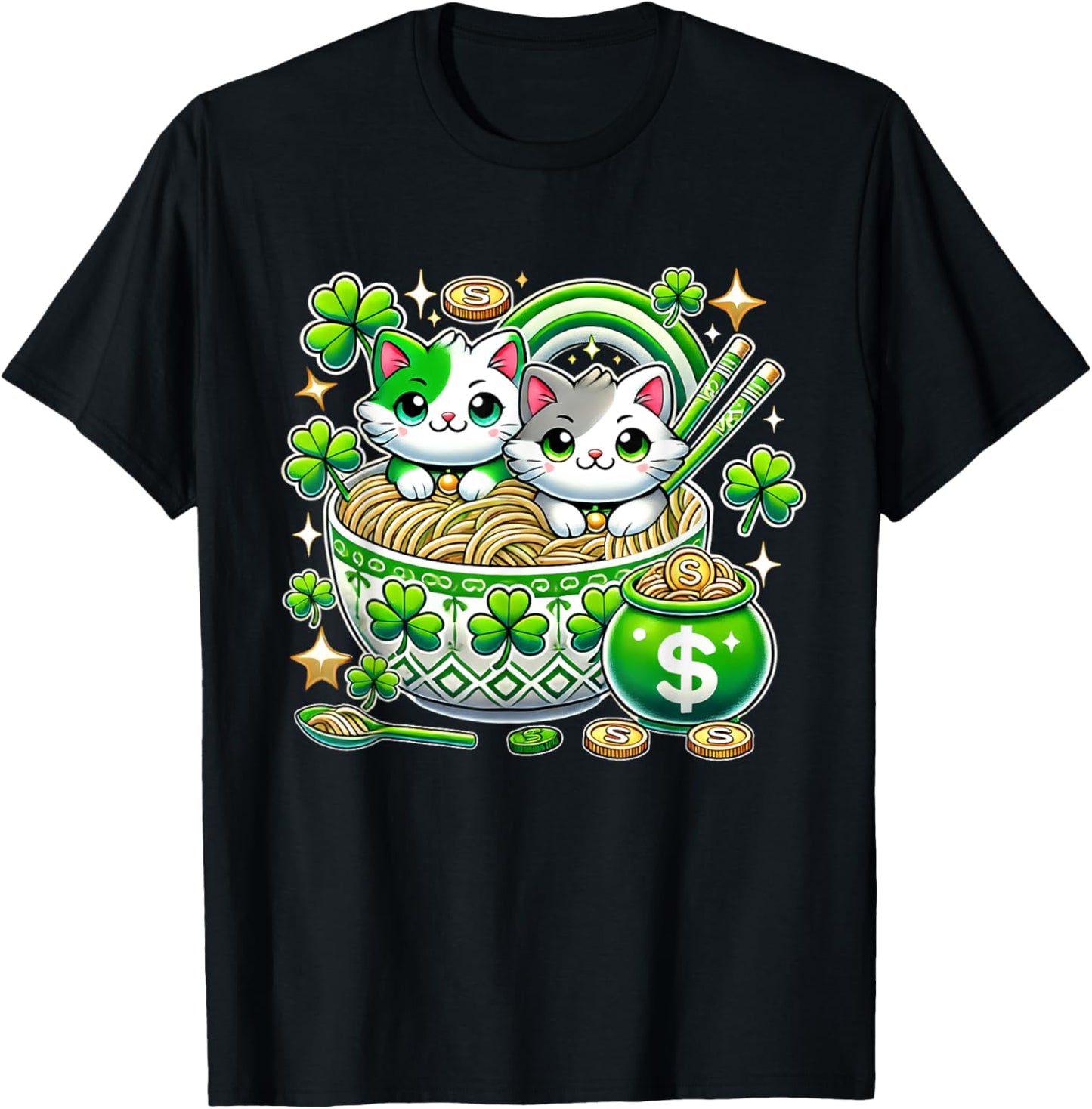 Irish Ramen Cats Cute Anime St Patrick's Day Teens Girl Kids T-Shirt